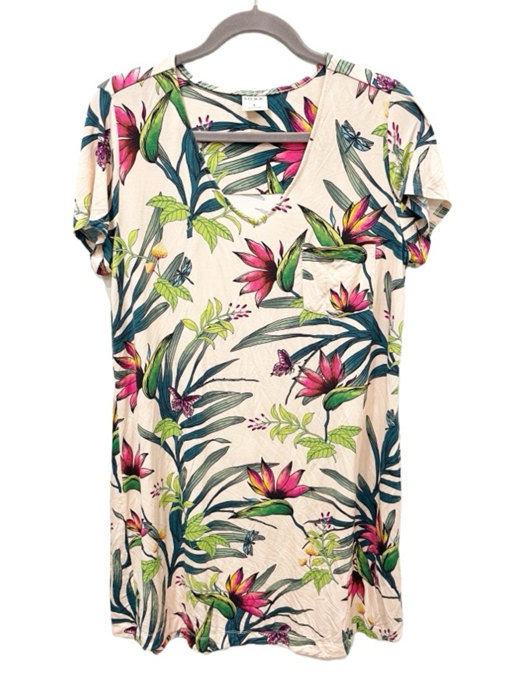 Soma Tropical Night Shirt Size Large Botanical Floral Jersey Knit Stretch Lounge